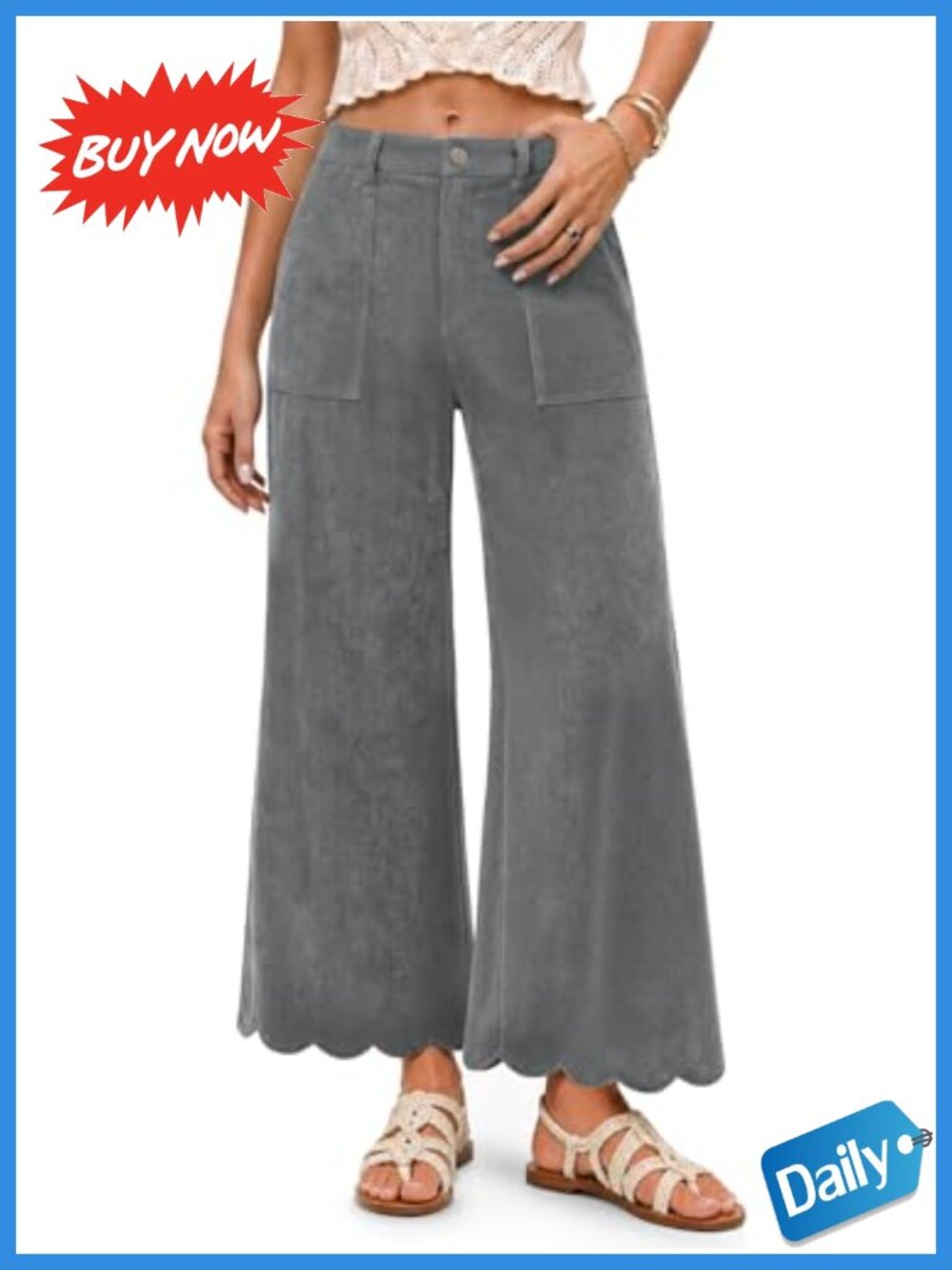 Wide Leg Corduroy Pants High Waist Scalloped Hem Pockets